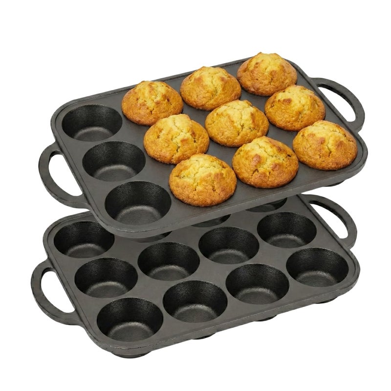 Flavehc 2pack Cast Iron Muffin Pans for Baking 12 Cup Regular Size Cupcake Pan with Handle Pre-Seasoned Muffin Pans Molds - Image 1