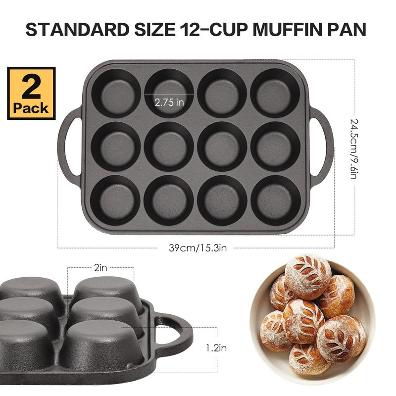Flavehc 2pack Cast Iron Muffin Pans for Baking 12 Cup Regular Size Cupcake Pan with Handle Pre-Seasoned Muffin Pans Molds - Image 2