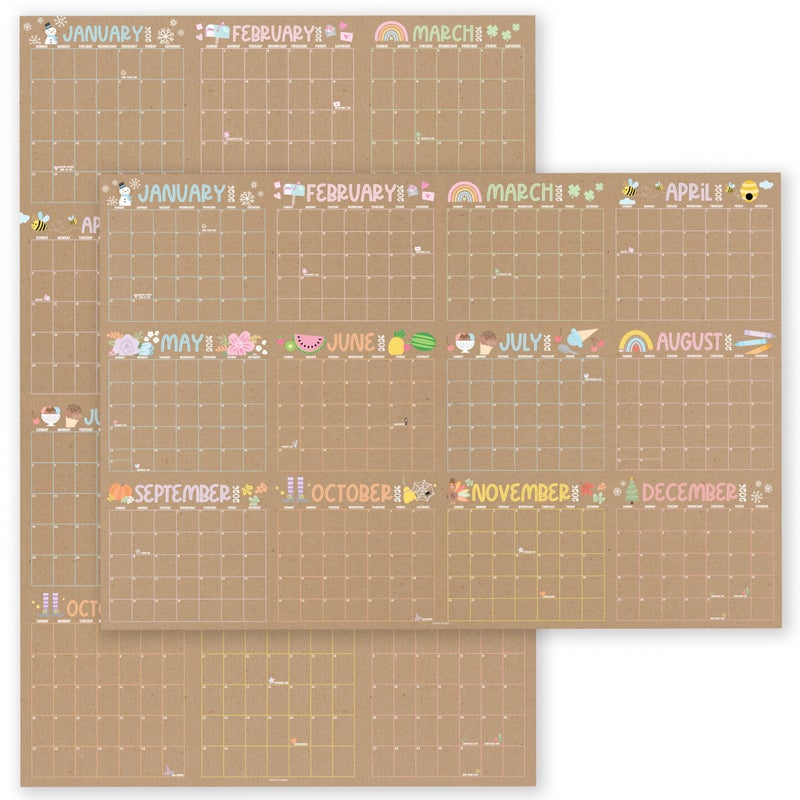 Hadley Designs Yearly Wall Calendar 2026 Large - 12 Month Dry Erase Calendar for Wall, Double-Sided, Reversible, Erasable, Reusable, Full Year Long Annual Planner - Kraft Pastel - Image 1