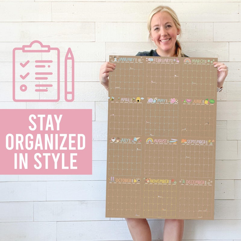 Hadley Designs Yearly Wall Calendar 2026 Large - 12 Month Dry Erase Calendar for Wall, Double-Sided, Reversible, Erasable, Reusable, Full Year Long Annual Planner - Kraft Pastel - Image 2