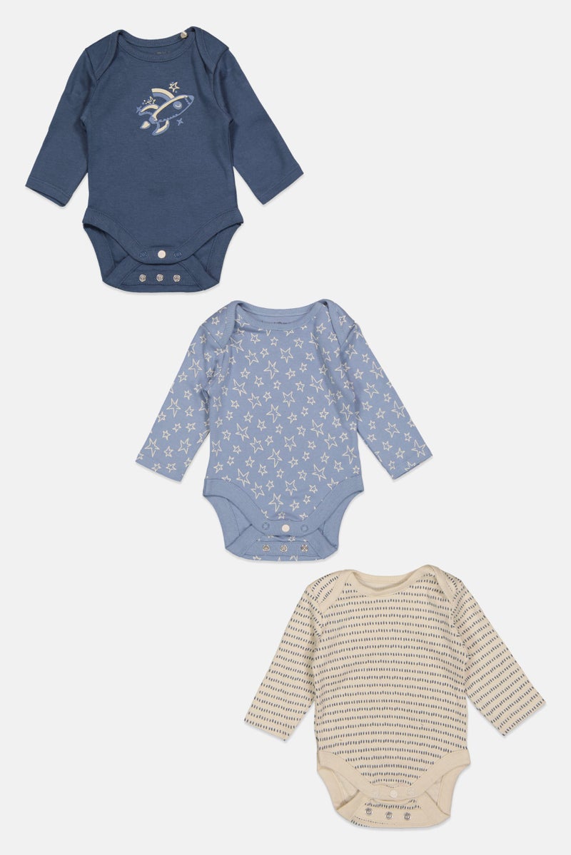 Home Grown Baby Toddlers Boy 3 Piece Printed Bodysuit, Blue  - Image 1