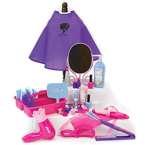 Sophia's Sophias Hair Salon Complete 30 Piece Set with Styling Tools Hair Ties Brush Mirror Blow Dryer Salon Cape and More for 18 Dolls PinkPurple - Image 1