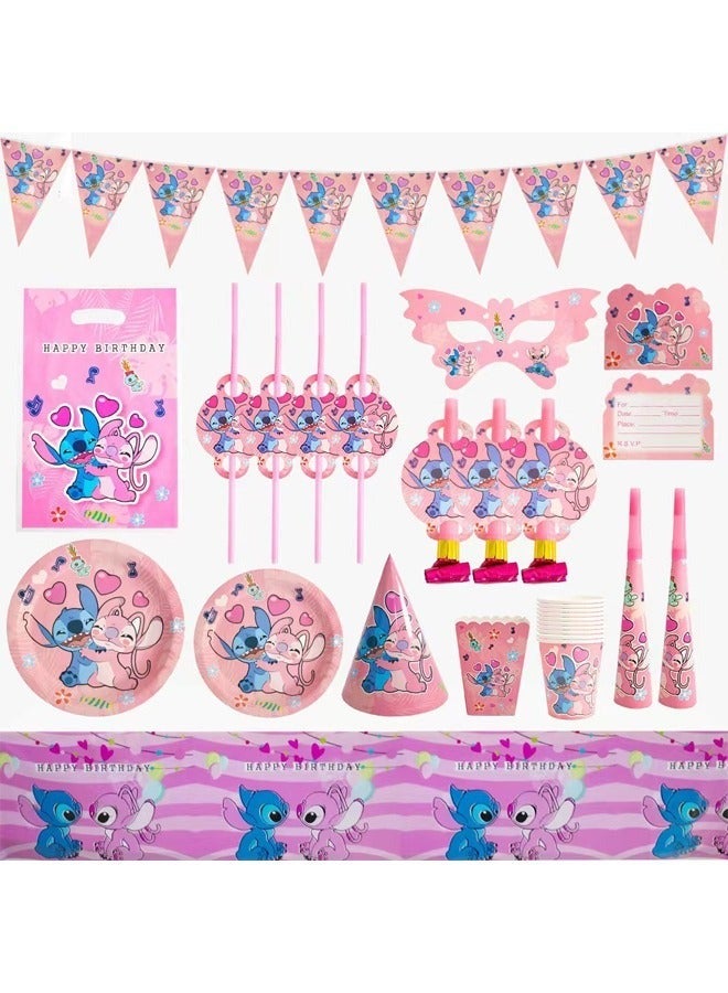 Beauenty Stitch Theme Party Supplies for Kids,Stitch Party Props Favor Table Decorations, Banner Paper Plates Napkins Cups Tablecloth Tableware Sports Set for 10 Guests,Party Decorations - Image 1