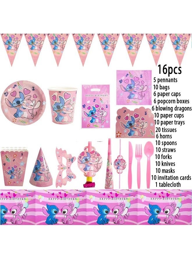 Beauenty Stitch Theme Party Supplies for Kids,Stitch Party Props Favor Table Decorations, Banner Paper Plates Napkins Cups Tablecloth Tableware Sports Set for 10 Guests,Party Decorations - Image 2