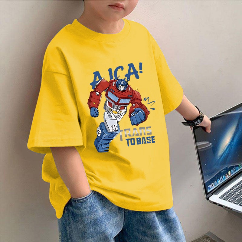 2034 # Boys' Summer T-Shirt Pure Cotton Summer Top Cartoon Anime Half-Sleeve Machine Baby Top Base Shirt - Image 1