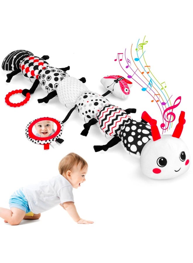 SUZZ Baby Toys 0-12 Months - Musical Caterpillar Stuffed Animal Soft Plush Toys for Infant Girls Boys 3 6 12 Months Tummy Time Sensory High Contrast Black White Newborn Toys Gifts, W/ Mirror Rattle - Image 1