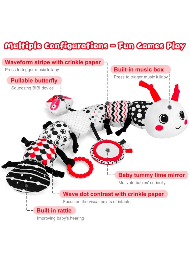 SUZZ Baby Toys 0-12 Months - Musical Caterpillar Stuffed Animal Soft Plush Toys for Infant Girls Boys 3 6 12 Months Tummy Time Sensory High Contrast Black White Newborn Toys Gifts, W/ Mirror Rattle - Image 3