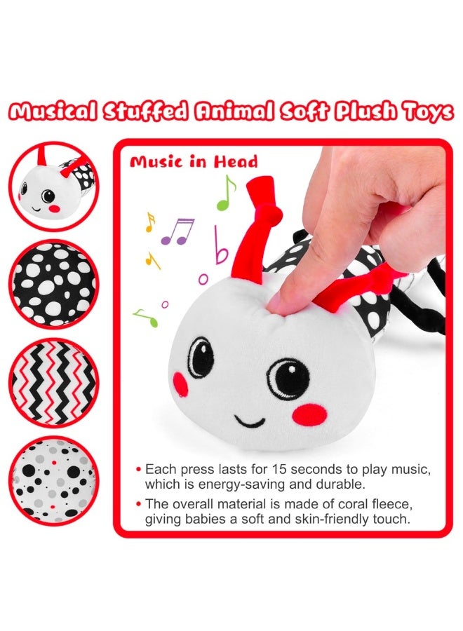 SUZZ Baby Toys 0-12 Months - Musical Caterpillar Stuffed Animal Soft Plush Toys for Infant Girls Boys 3 6 12 Months Tummy Time Sensory High Contrast Black White Newborn Toys Gifts, W/ Mirror Rattle - Image 4