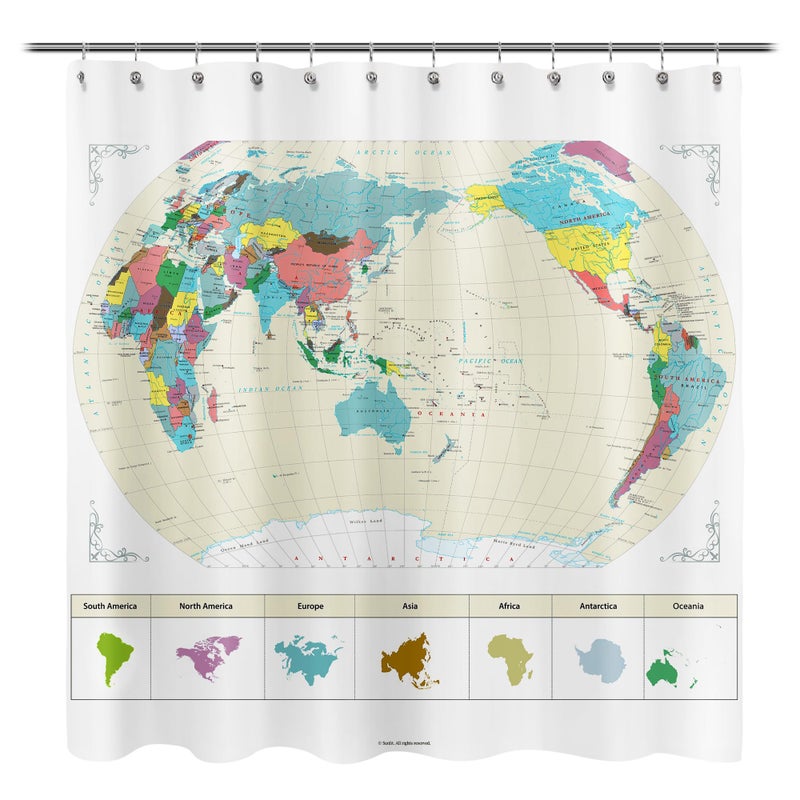 Updated World Map Fabric Shower Curtain Map of The World with Detailed Major Cities Shower Curtains for Kids Geography Educational Bathroom Curtain Large Home Decor Wall Map 71 x 71