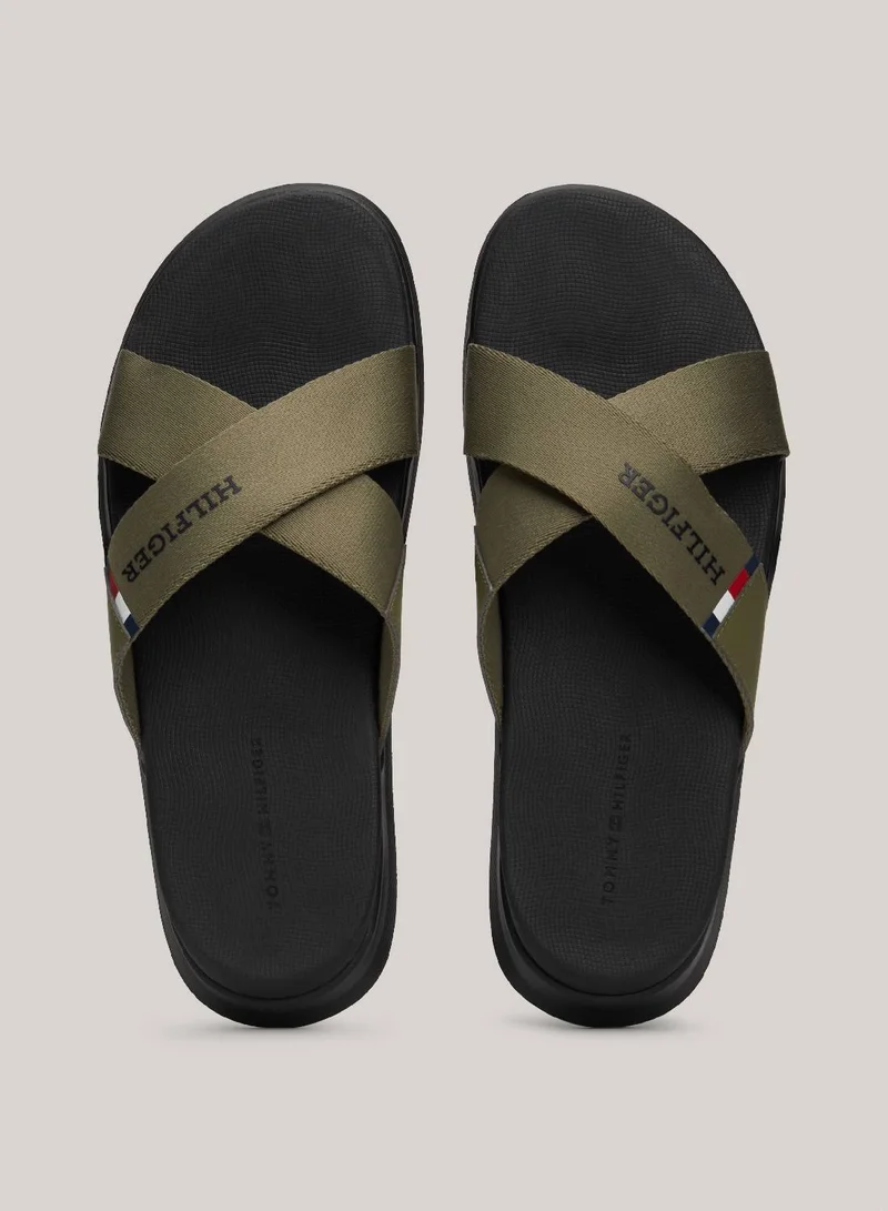 TOMMY HILFIGER Men's Comfort Criss Cross Flip Flops - Polyester, Green