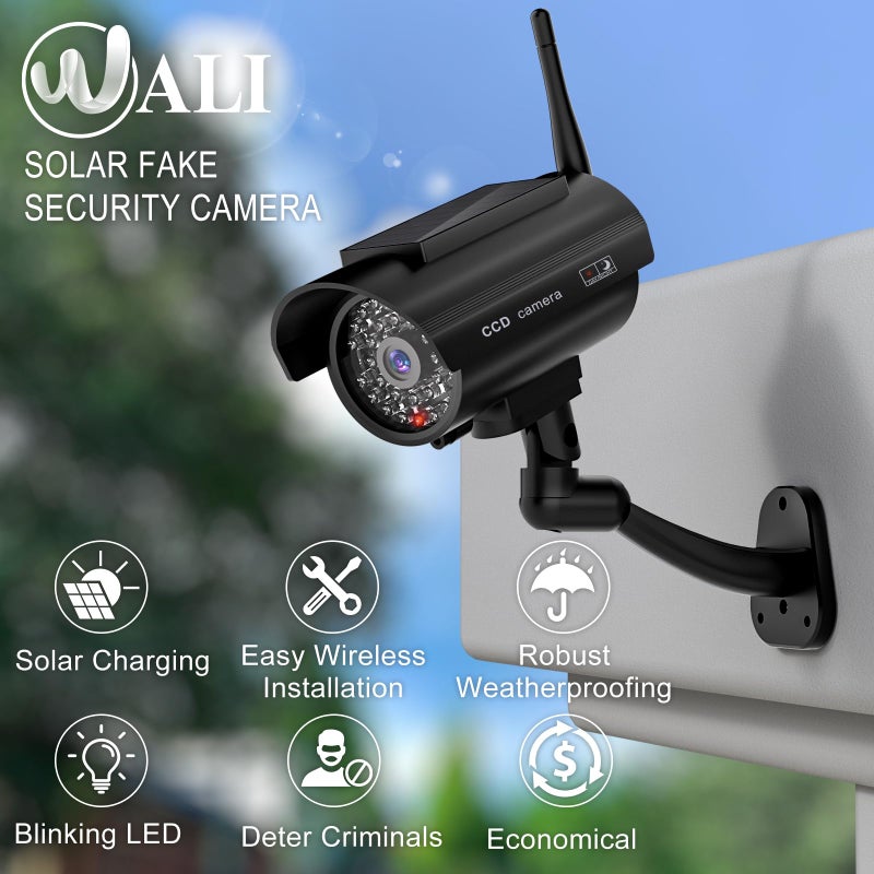 WALI Dummy Fake Camera, Solar Powered Fake Security Camera with LED Light, Simulated Surveillance Security CCTV Dome Cameras with Antenna and Warning Sticker Indoor Outdoor (SOL-TCB2), 2 Packs, Black - Image 3