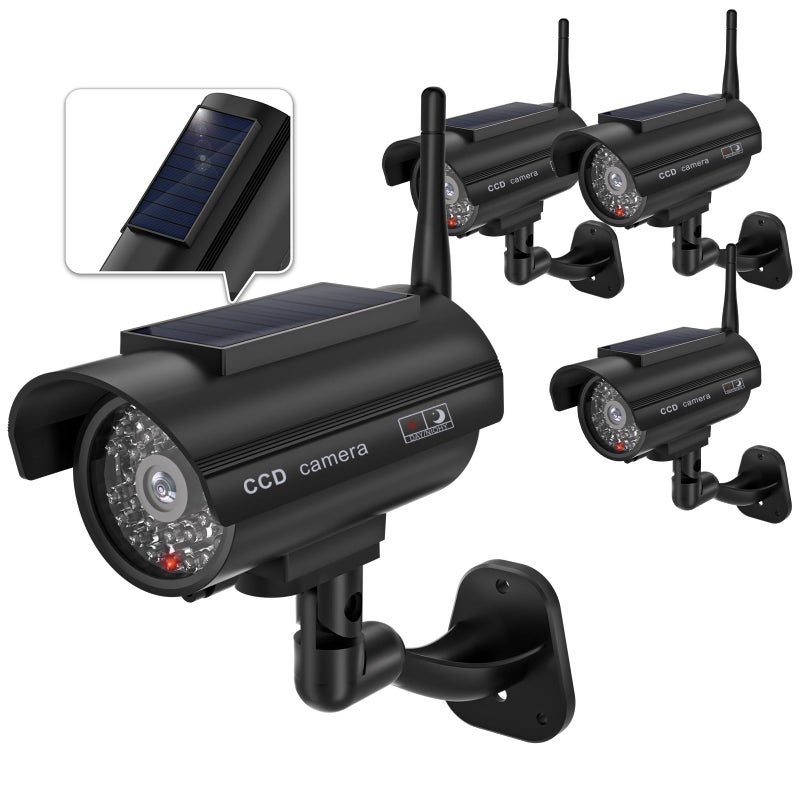WALI Dummy Fake Camera, Solar Powered Fake Security Camera with LED Light, Simulated Surveillance Security CCTV Dome Cameras with Antenna and Warning Sticker Indoor Outdoor (SOL-TCB2), 2 Packs, Black - Image 1