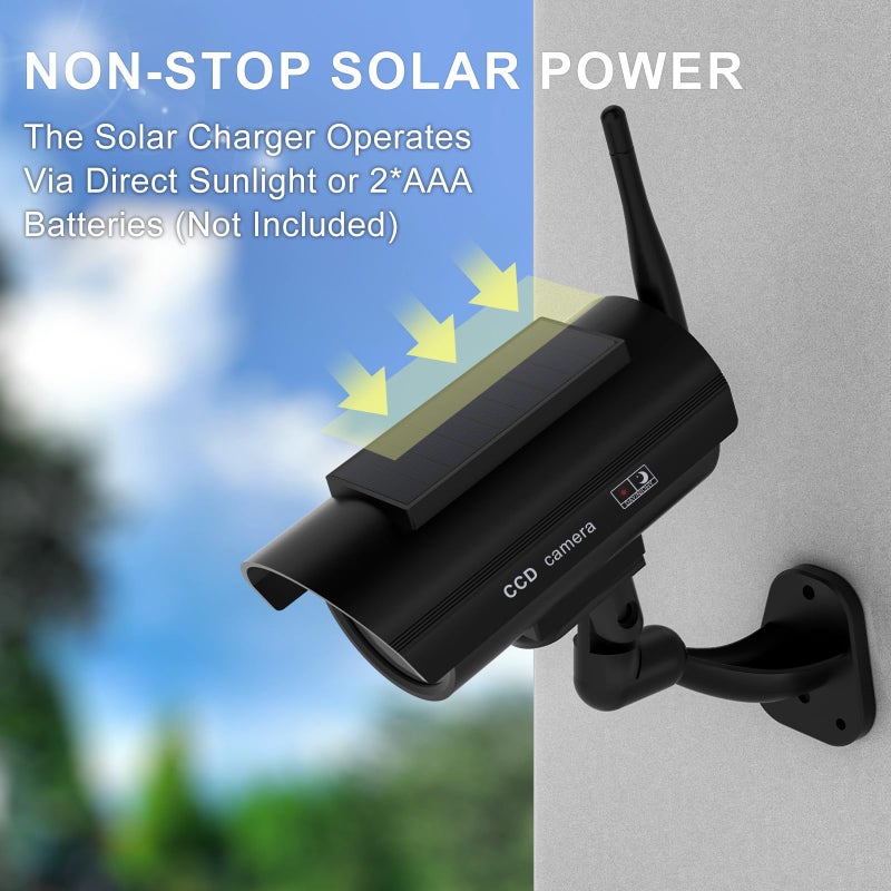 WALI Dummy Fake Camera, Solar Powered Fake Security Camera with LED Light, Simulated Surveillance Security CCTV Dome Cameras with Antenna and Warning Sticker Indoor Outdoor (SOL-TCB2), 2 Packs, Black - Image 4