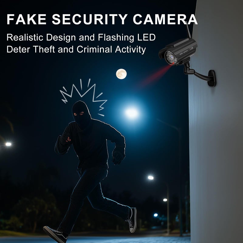 WALI Dummy Fake Camera, Solar Powered Fake Security Camera with LED Light, Simulated Surveillance Security CCTV Dome Cameras with Antenna and Warning Sticker Indoor Outdoor (SOL-TCB2), 2 Packs, Black - Image 2