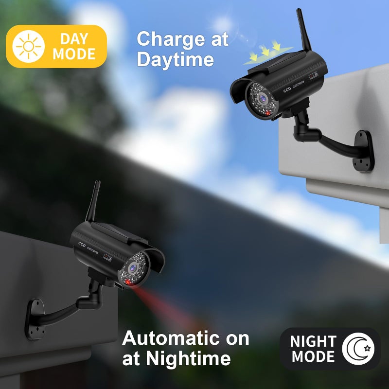 WALI Dummy Fake Camera, Solar Powered Fake Security Camera with LED Light, Simulated Surveillance Security CCTV Dome Cameras with Antenna and Warning Sticker Indoor Outdoor (SOL-TCB2), 2 Packs, Black - Image 5
