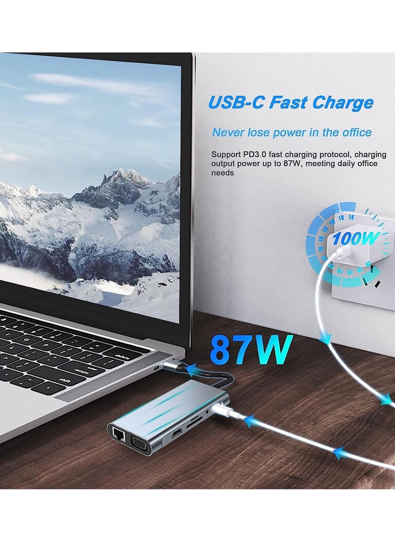 Generic - USB C HUB, USB C Adapter 11 in 1 Dongle with 4K HDMI, VGA, Type C PD, USB3.0, RJ45 Ethernet, SD/TF Card Reader, 3.5mm AUX, Docking Station Compatible with MacBook Pro/Air, Other Type C Laptops Devices - Image 1