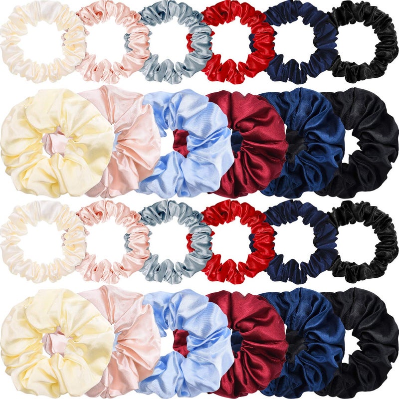 WILLBOND 24 Pcs Satin Scrunchies for Women Silk Hair Ties Set 2 Sizes Soft Ponytail Holders for Thick Curly Hair Assorted Colors for Daily Use Wedding Party GiftsElegant Colors Plain Pattern
