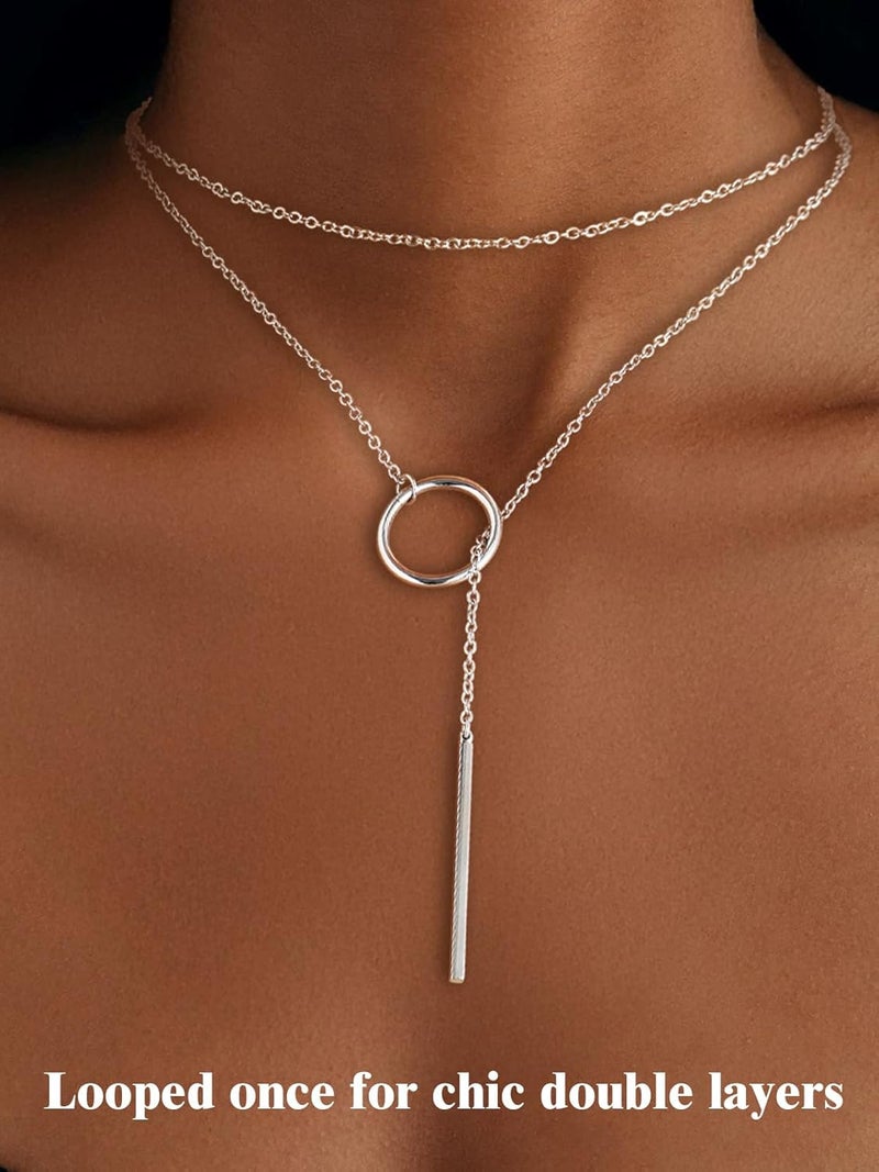 FOCALOOK Long Necklaces for Women 14K Gold Plated Dainty Drop Bar Pendant Lariat Y-Shaped Necklace Earring Set 28inch/73cm - Image 1