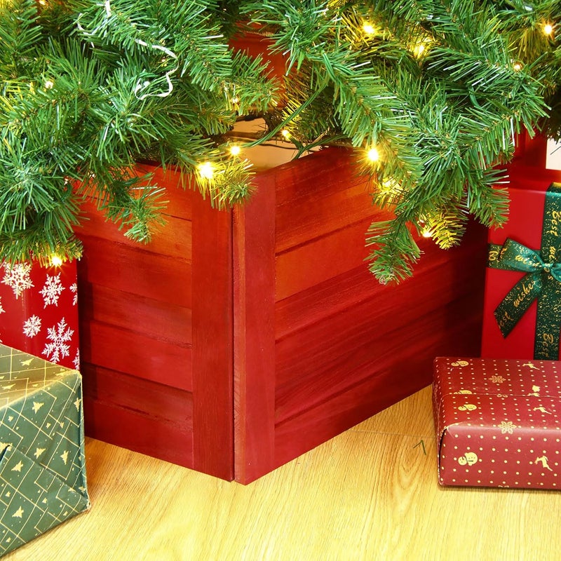Macarrie Macarrie Wood Christmas Tree Collar Box Washed Tree Stand Cover Rustic Christmas Tree Box Skirt Farmhouse Christmas Tree Skirts Replacement Blocks for Christmas Tree DecorationsRed22 x 12 Inch  - Image 1