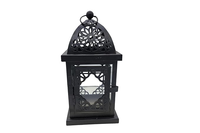 HANGING CANDLE LANTERN HOLDER WITH TRANSPARENT GLASS VINTAGE METAL DECORATIVE LANTERN IN BLACK