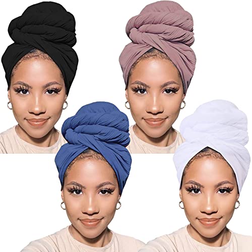 PWEOUKE 4 Pcs Stretch Head Wraps for Black Women with Natural Hair Solid Color African Turban Ultra Soft Head Scarf for Dreadlocs Long Breathable Headbands Tie - Image 1