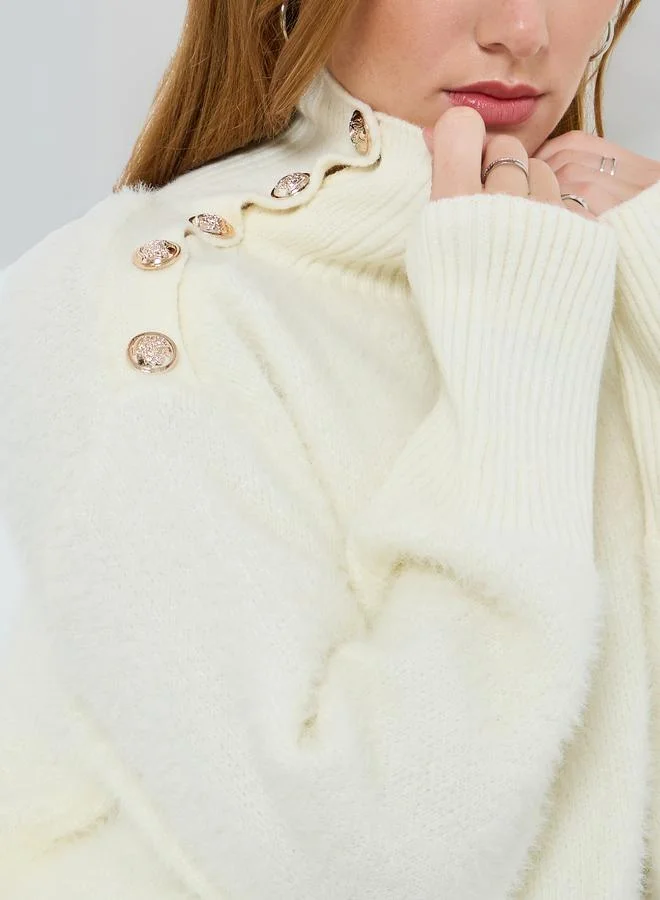 Take Two  Women Turtle Neck Button Detail Furry Sweater for Women | Best Price UAE