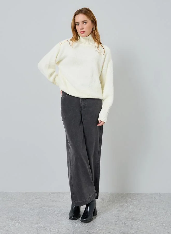 Take Two Women Turtle Neck Button Detail Furry Sweater