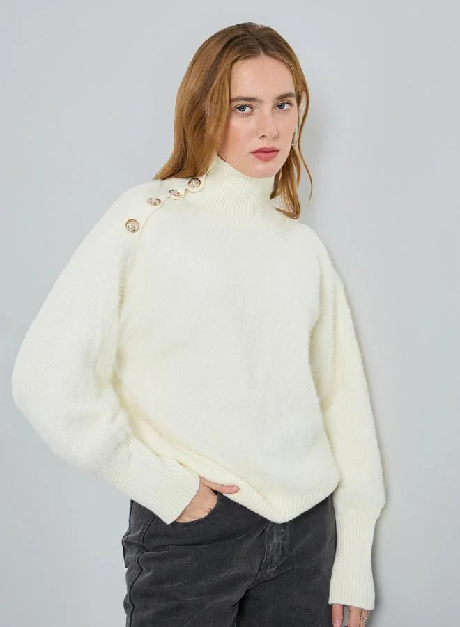 Take Two Women Turtle Neck Button Detail Furry Sweater
