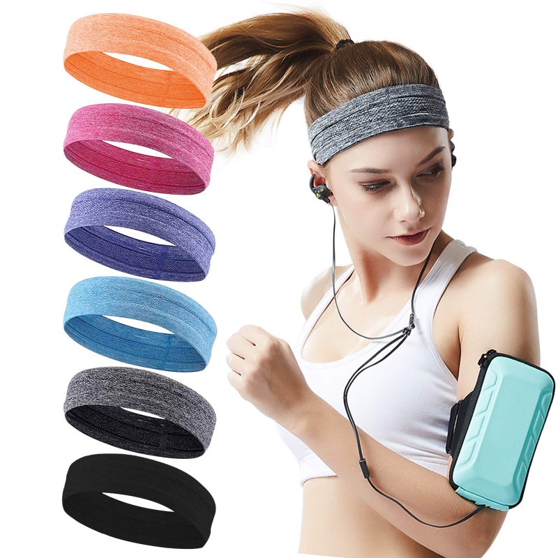 QiShang 6Pack Sweat Bands Headbands for Women Workout, Women's Fashion Non Slip Headband, Moisture Wicking Sweatband for Sports Running Athletic Yoga - Image 1