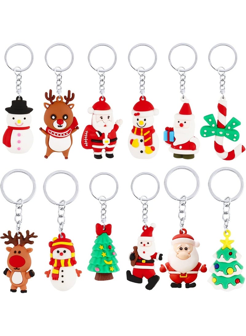 12pcs Christmas 3D PVC Keychains – 12 Styles Keyring Set with Santa Claus, Elk, Christmas Tree, Bear & Snowman Designs - Image 1