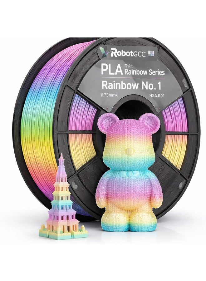 robotgcc PLA Rainbow Multicolor 1.75mm 3D Printing Material 1KG Spool Smooth Gradient Filament Vibrant Color Transition Easy Print Low Warping Strong Layer Adhesion Precision Diameter Stable Extrusion FDM Compatible for Creative Models Prototyping DIY Projects - Image 1