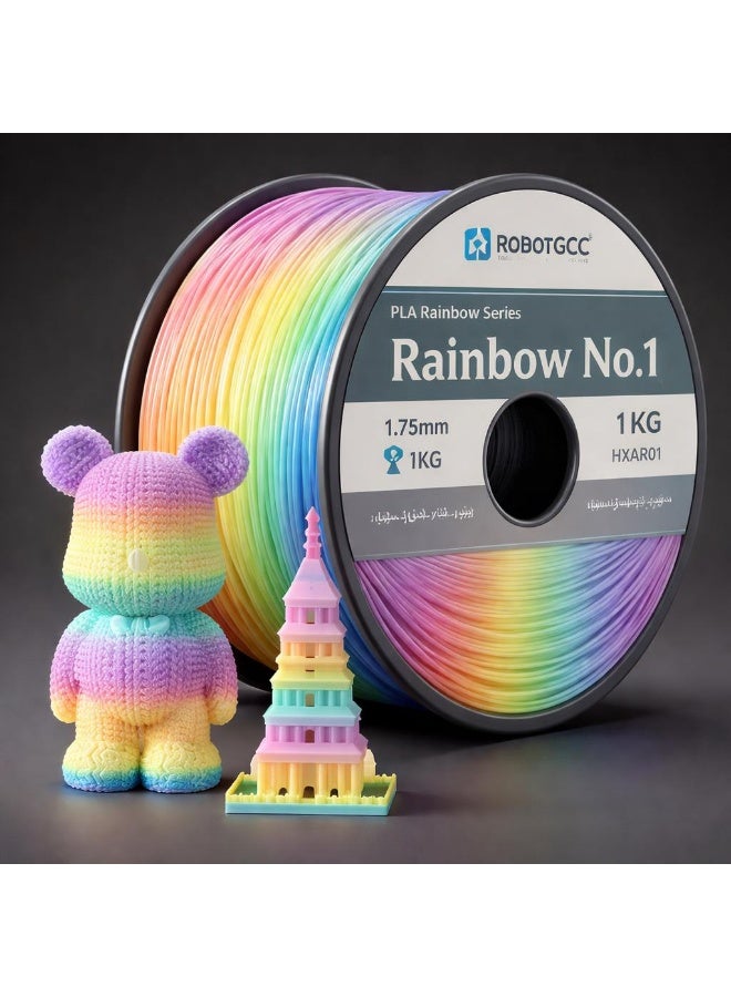 robotgcc PLA Rainbow Multicolor 1.75mm 3D Printing Material 1KG Spool Smooth Gradient Filament Vibrant Color Transition Easy Print Low Warping Strong Layer Adhesion Precision Diameter Stable Extrusion FDM Compatible for Creative Models Prototyping DIY Projects - Image 2