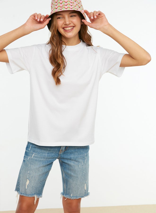 trendyol White 100% Cotton Basic Regular/Normal Pattern Stand Collar Knitted T-Shirt - Image 2