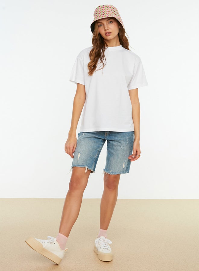 trendyol White 100% Cotton Basic Regular/Normal Pattern Stand Collar Knitted T-Shirt - Image 3