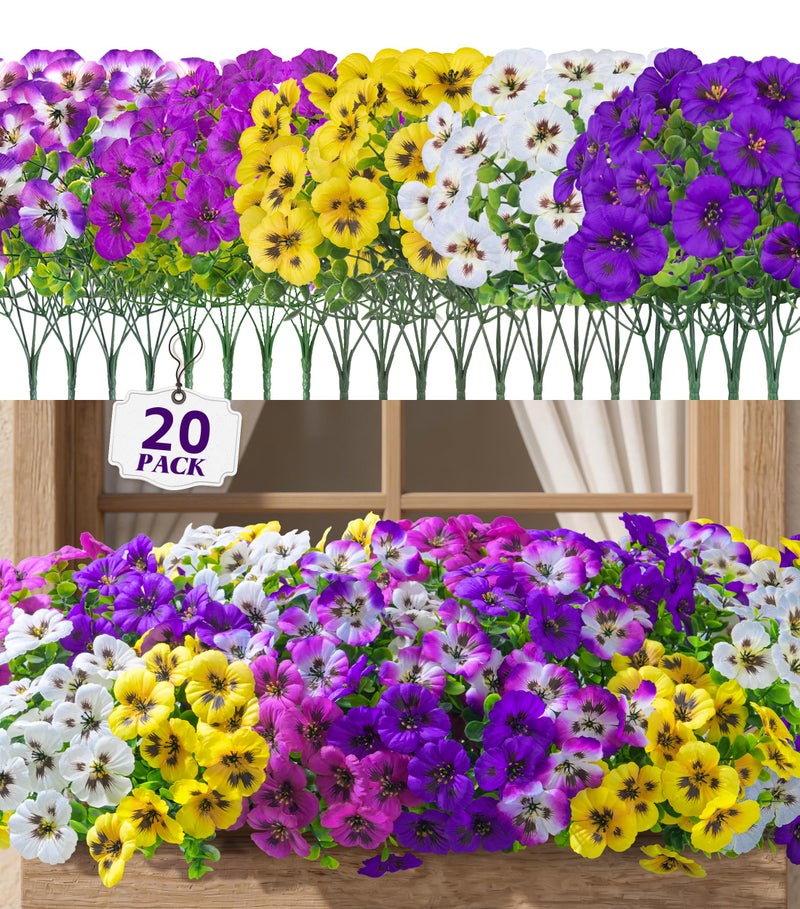 Ivydale 20PCS Fake Artificial Pansy Flowers for Outdoors Spring Decor, Faux Silk Pansies UV Resistant Plants for Front Door Porch Yard Patio Window Box Home Decor (Fuchsia Purple Yellow White) - Image 1