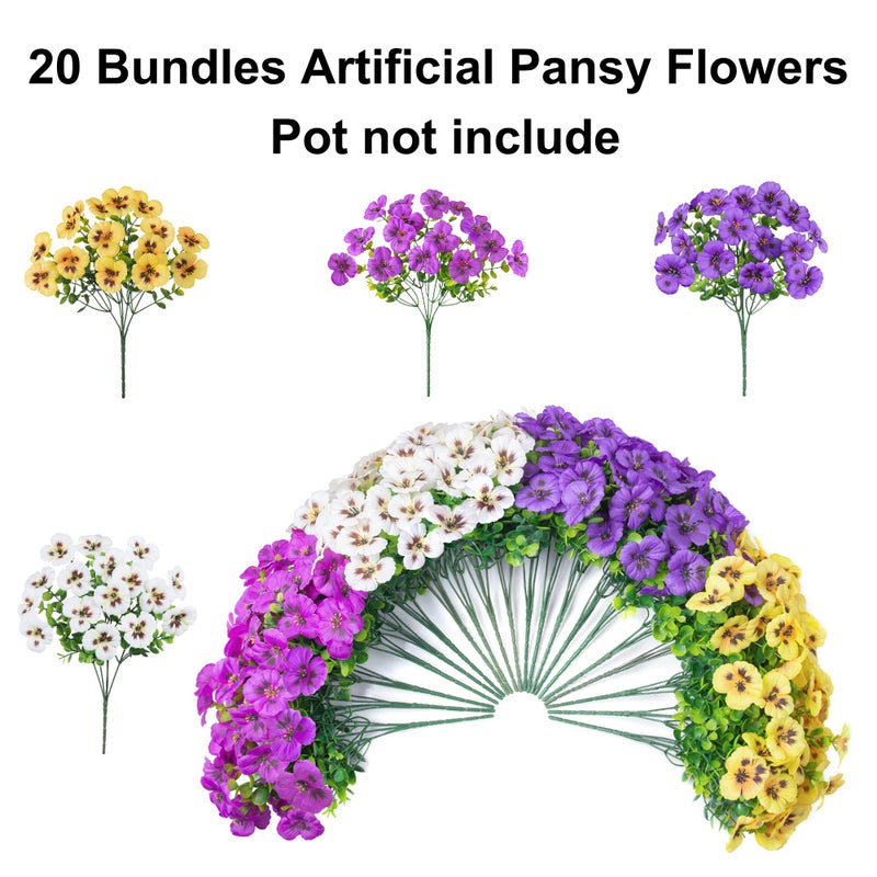 Ivydale 20PCS Fake Artificial Pansy Flowers for Outdoors Spring Decor, Faux Silk Pansies UV Resistant Plants for Front Door Porch Yard Patio Window Box Home Decor (Fuchsia Purple Yellow White) - Image 4