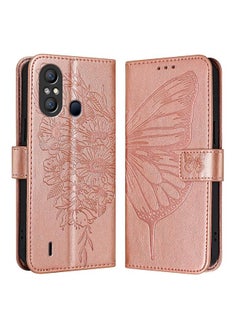 جراب هاتف جلدي منقوش عليه فراشة لهاتف Itel A58 / A49 (ذهبي وردي)
