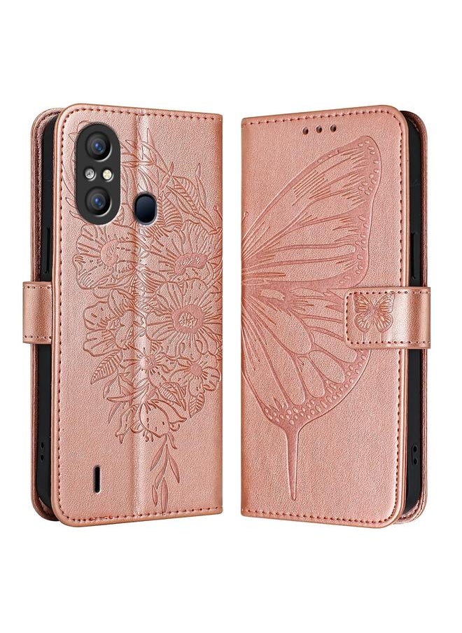 زبون - جراب هاتف جلدي منقوش عليه فراشة لهاتف Itel A58 / A49 (ذهبي وردي) - Image 1