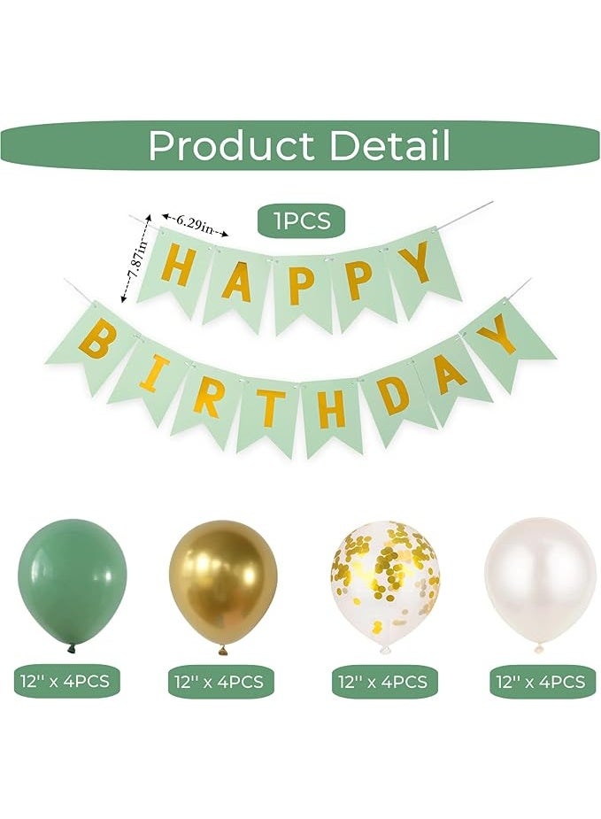 Party Happy birthday banner, Green birthday decorations, 16 12-inch happy birthday balloons, with 2 ribbons, suitable for birthday party decorations for any age - Image 2