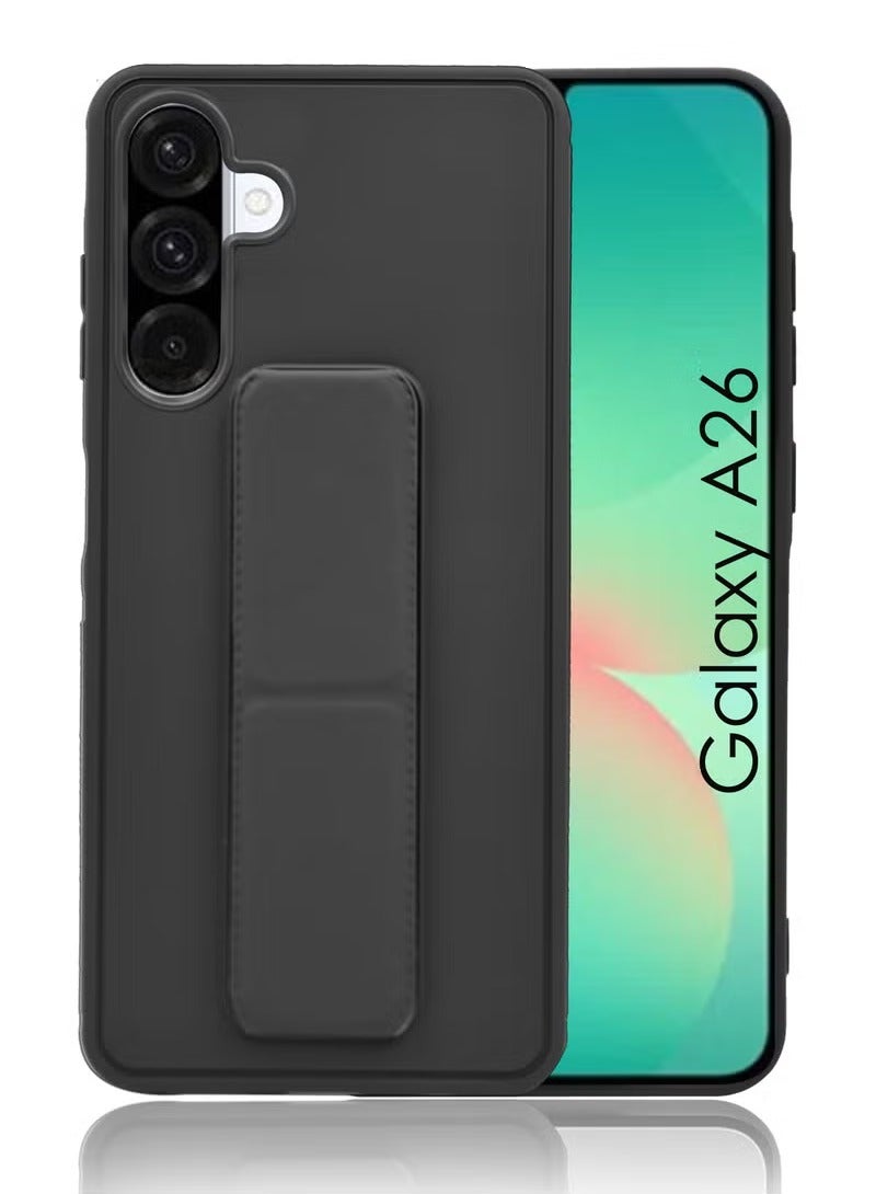 3-in-1 Magnetic Wrist Strap Hand Grip Stand Back Case Cover With Foldable Kickstand & Finger Strap for Samsung Galaxy A26- Black - Image 1