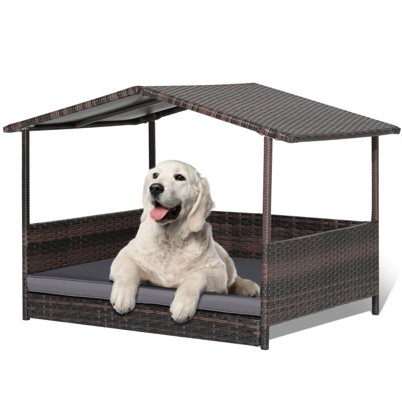 HAPPAWS Wicker Dog Bed House, Indoor Outdoor HDPE Rattan Dog Houses, Raised Dog Cot Pet House, Elevated Pets Sofa w/Washable Cover, Waterproof Roof Shelter, Removable Cushion Lounge - Image 1