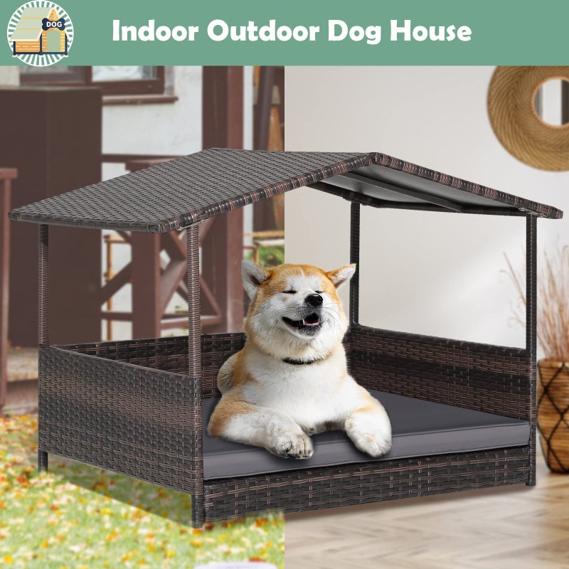 HAPPAWS Wicker Dog Bed House, Indoor Outdoor HDPE Rattan Dog Houses, Raised Dog Cot Pet House, Elevated Pets Sofa w/Washable Cover, Waterproof Roof Shelter, Removable Cushion Lounge - Image 2