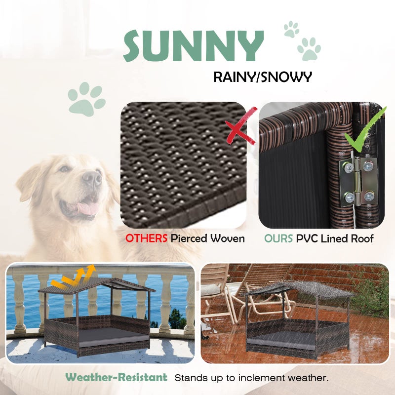 HAPPAWS Wicker Dog Bed House, Indoor Outdoor HDPE Rattan Dog Houses, Raised Dog Cot Pet House, Elevated Pets Sofa w/Washable Cover, Waterproof Roof Shelter, Removable Cushion Lounge - Image 3