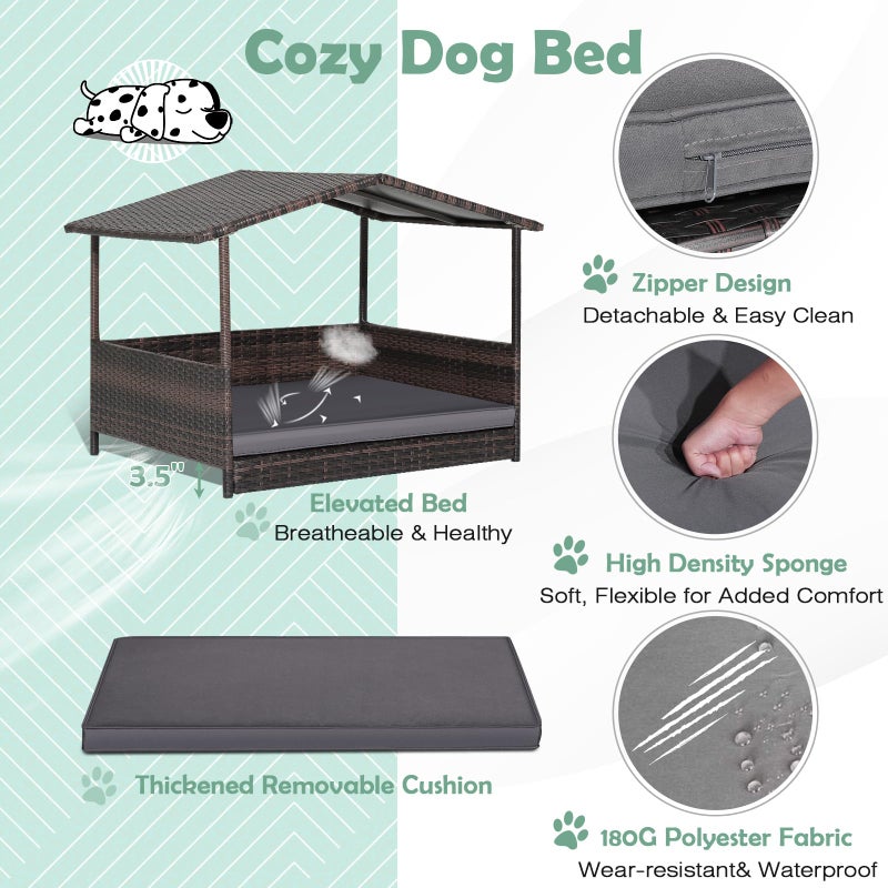HAPPAWS Wicker Dog Bed House, Indoor Outdoor HDPE Rattan Dog Houses, Raised Dog Cot Pet House, Elevated Pets Sofa w/Washable Cover, Waterproof Roof Shelter, Removable Cushion Lounge - Image 4