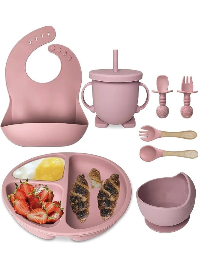 Richtots Premium Silicone Baby Feeding Set, Complete 8-Piece Baby Led Weaning Set | Baby Feeding Product,Suction Plate, Bowl,Cup, 2 Spoon, 2 Fork and Bib for Baby,Silicon Spoon for Baby Feeding (Pink) - Image 1