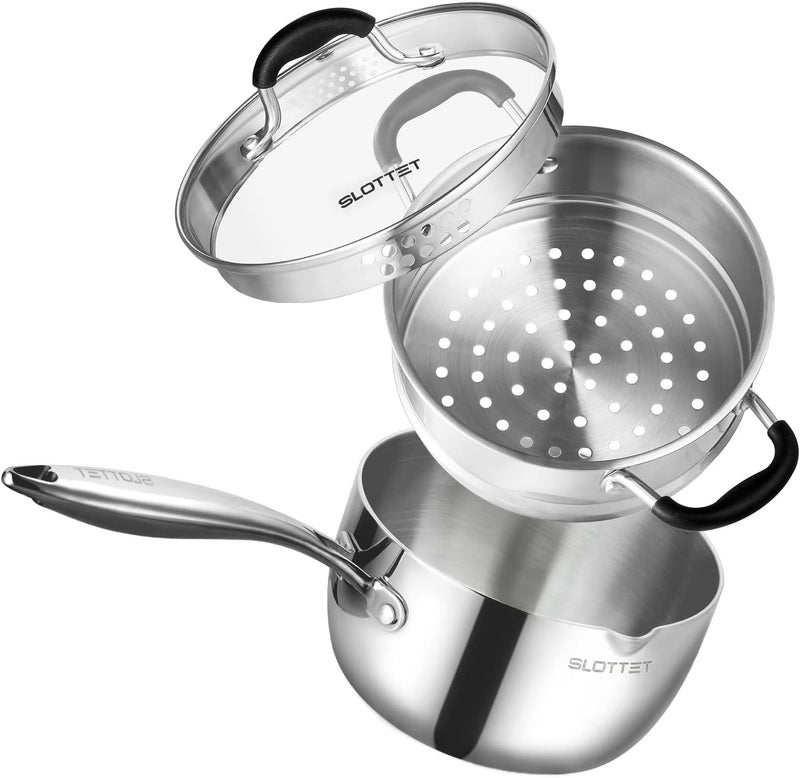 SLOTTET Tri-Ply Full Body Stainless Steel Sauce Pan with Steamer,1.5 Quart Small Multipurpose Pasta Pot with Strainer Glass Lid, Saucepan with Pour Spout for Cooking Stay-cool Handle. - Image 1