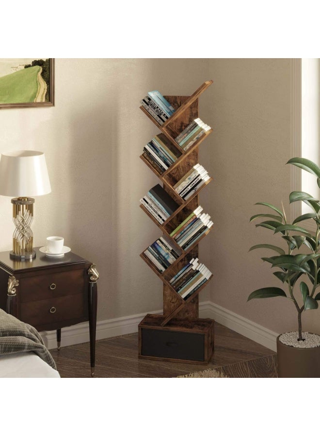 ZUIHAO Tier Tree Bookshelf, Small Bookcase with Storage Cabinet, Modern Tall Narrow Bookshelves Organizer, Floor Standing Book Shelf for Bedroom/Living Room/Home Office/Corner, Rustic Brown - Image 1