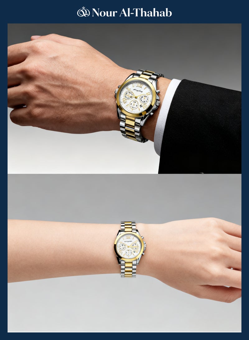 نور الصحب مجموعة ساعات للزوجين - تصميم أعمال أنيق مع سوار و strap مضيء متطابقين، مصنوعان من الفولاذ المقاوم للصدأ وباتقان حركة كوارتز. هدية تذكارية فاخرة للذكرى السنوية. - Image 4