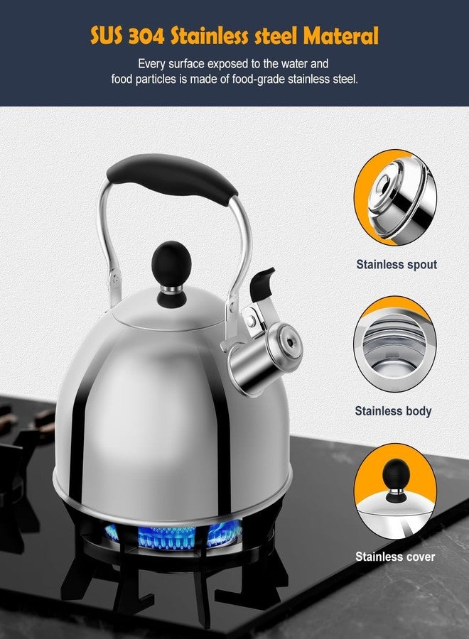 AMFOCUS Tea Kettle, 2 Quart Stainless Steel Whistling Tea Kettle, Stovetop Whistling Teakettle Tea Pots for Stove Top with Ergonomic Folding Handle, Small Teapot, Water boiler for Tea, Coffee (Silver) - Image 3