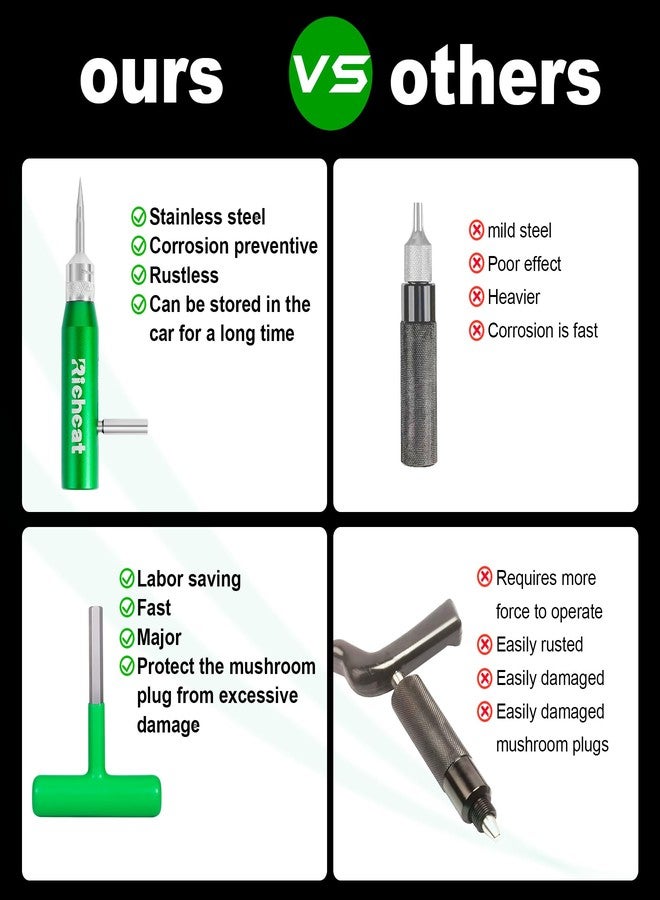 Richcat Tubeless Tire Puncture Repair Kit with Mushroom Plug, Repairs punctures and Flat Tires for Motorcycles, Cars, Trucks, ATVs and Tractors - Image 4